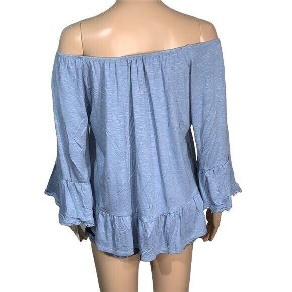 Style and Co Womens Peasant Top Blouse Off Shoulder Bell Sleeve Blue Small - Picture 5 of 11
